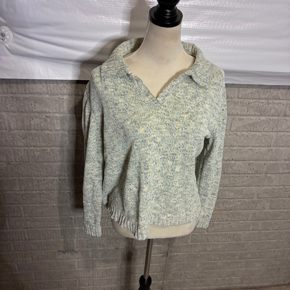 Carolyn Taylor Vintage Large Marled Knit Polo Sweater Blue Green V-Neck Pullover